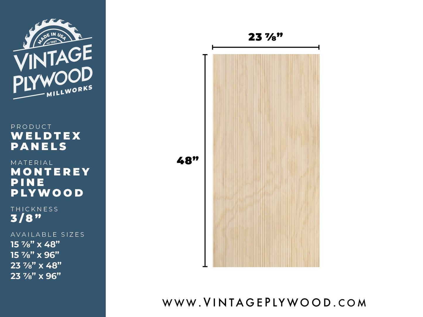 Spec sheet for Weldtex plywood panel consisting of a combed, striated, brushed wood appearance common in mid-century modern homes and design