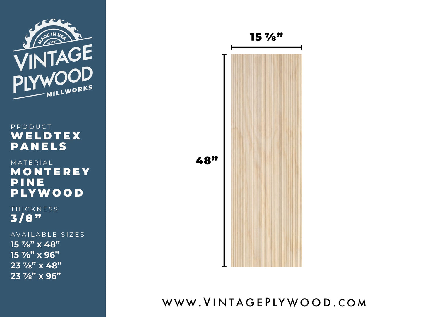 Spec sheet for Weldtex plywood panel consisting of a combed, striated, brushed wood appearance common in mid-century modern homes and design