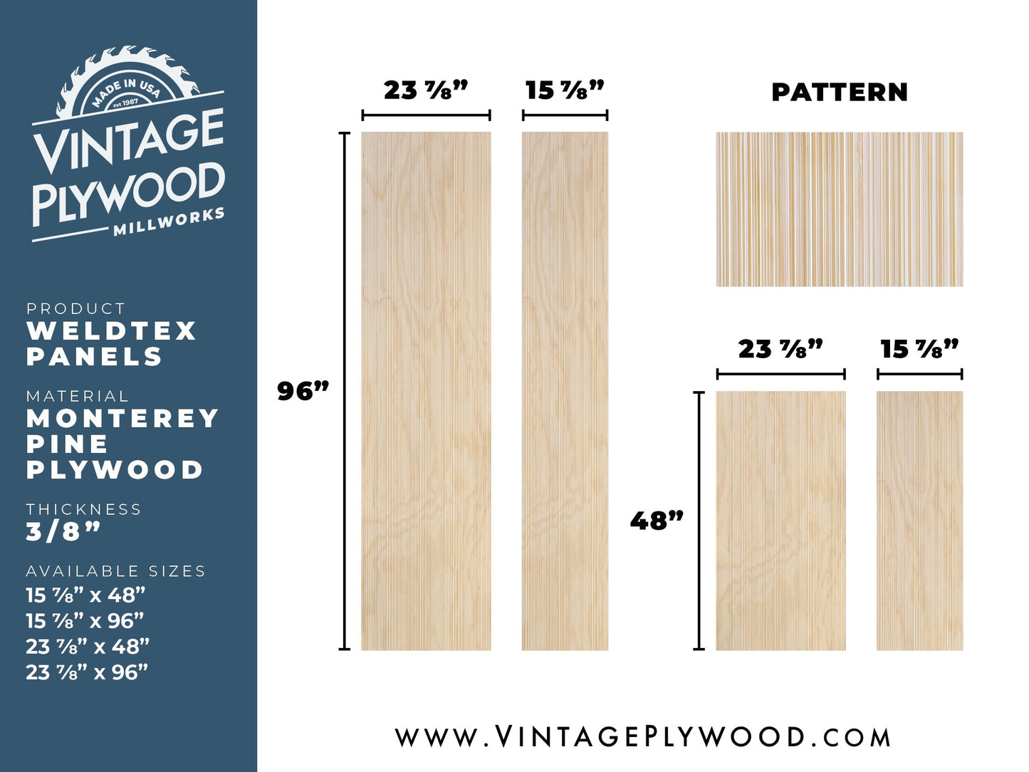 Spec sheet for Weldtex plywood panels consisting of a combed, striated, brushed wood appearance common in mid-century modern homes and design