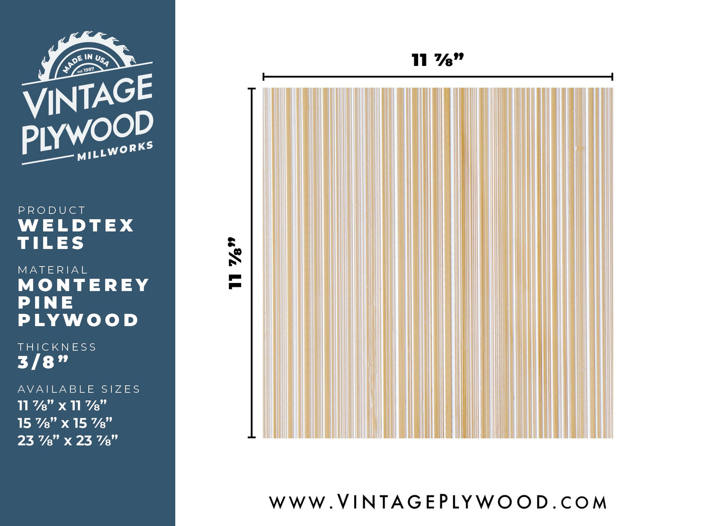 Spec sheet for Weldtex plywood tile consisting of a combed, striated, brushed wood appearance common in mid-century modern homes and design