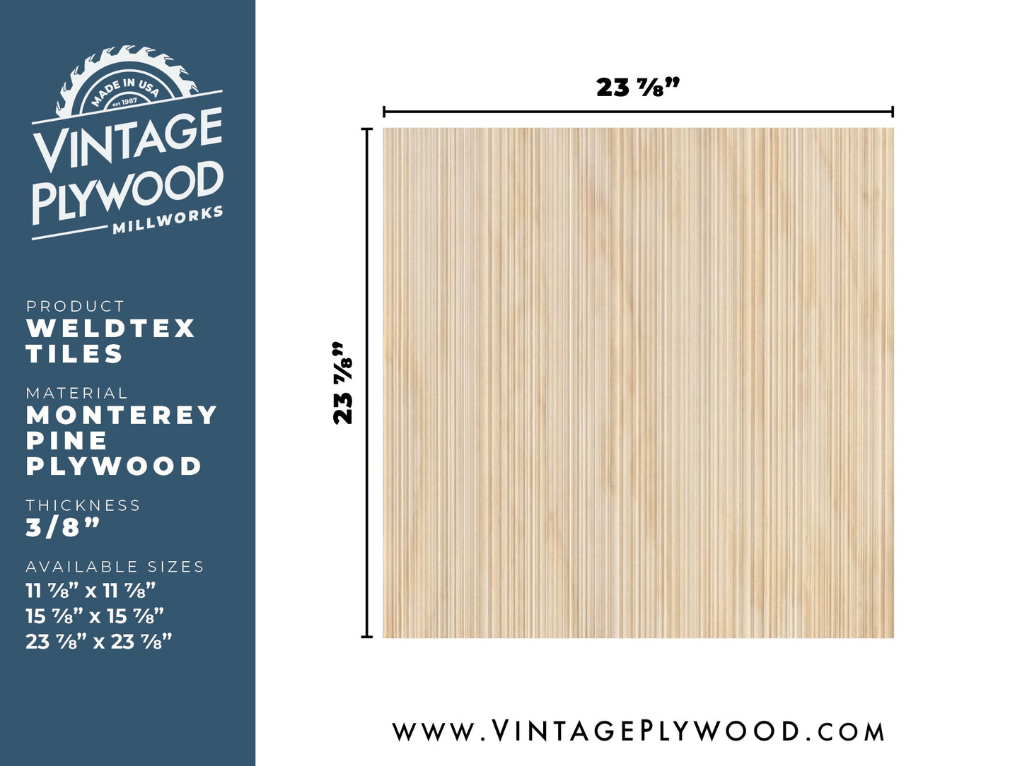 Spec sheet for Weldtex plywood tile consisting of a combed, striated, brushed wood appearance common in mid-century modern homes and design