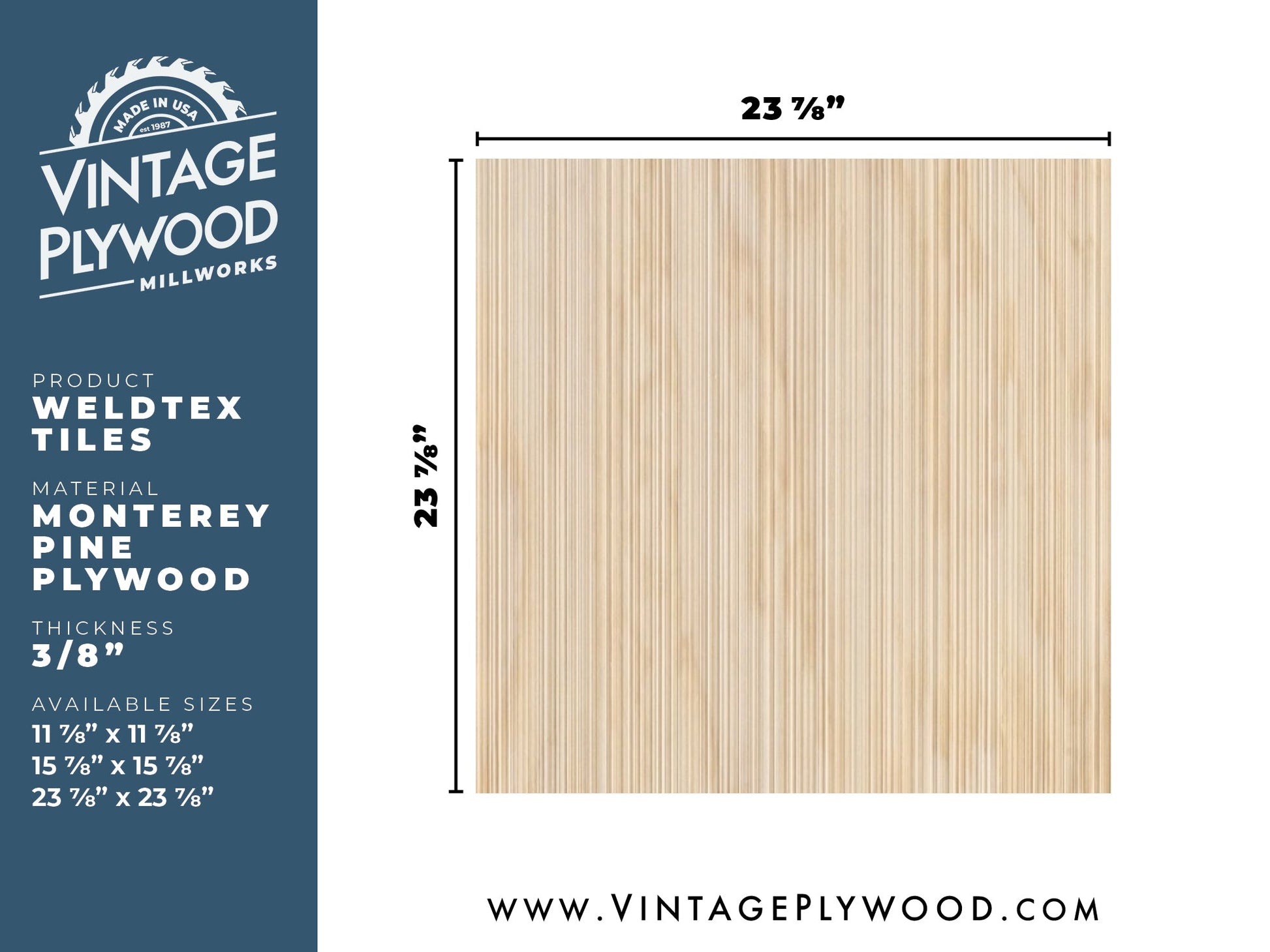 Spec sheet for Weldtex plywood tile consisting of a combed, striated, brushed wood appearance common in mid-century modern homes and design