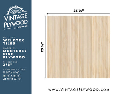 Spec sheet for Weldtex plywood tile consisting of a combed, striated, brushed wood appearance common in mid-century modern homes and design