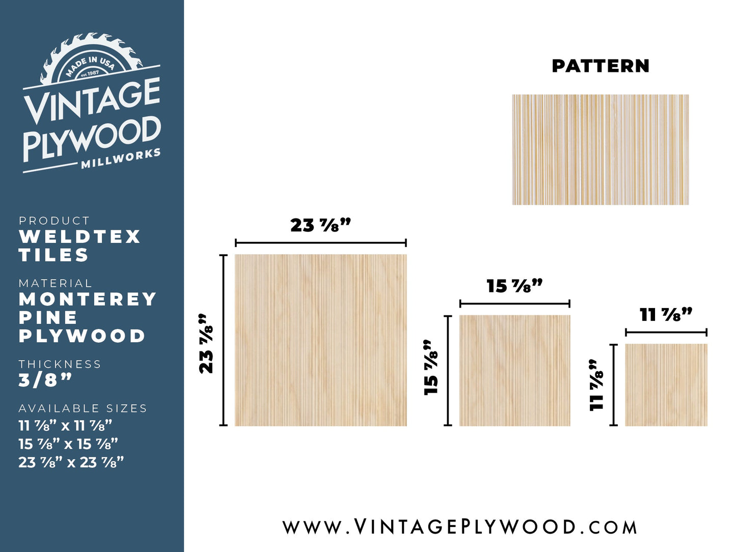 Spec sheet for Weldtex plywood tiles consisting of a combed, striated, brushed wood appearance common in mid-century modern homes and design