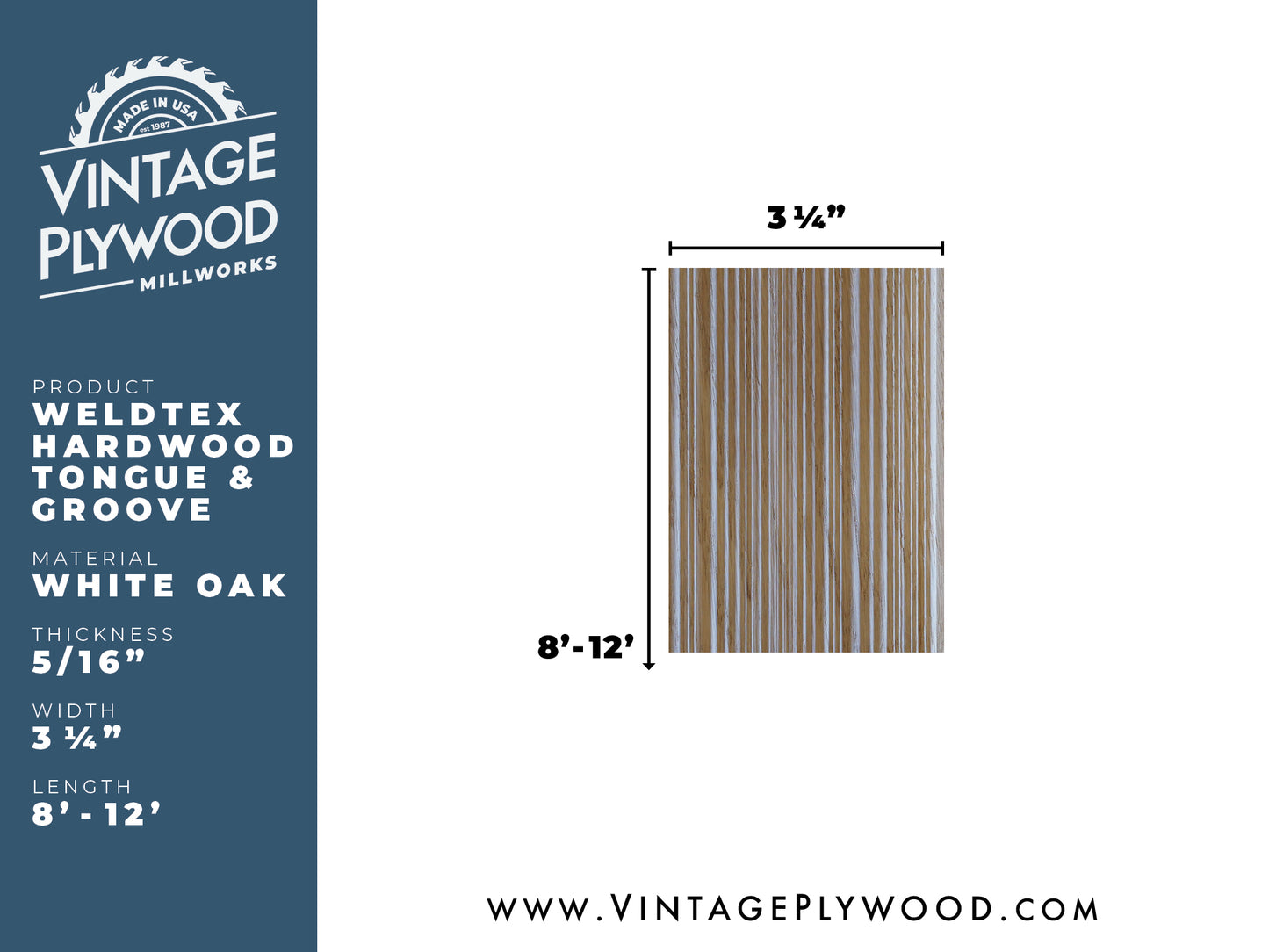 Spec sheet of Weldtex tongue & groove white oak hardwood plank consisting of a combed, striated, brushed wood appearance common in mid-century modern homes and design