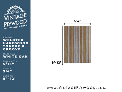 Spec sheet of Weldtex tongue & groove white oak hardwood plank consisting of a combed, striated, brushed wood appearance common in mid-century modern homes and design
