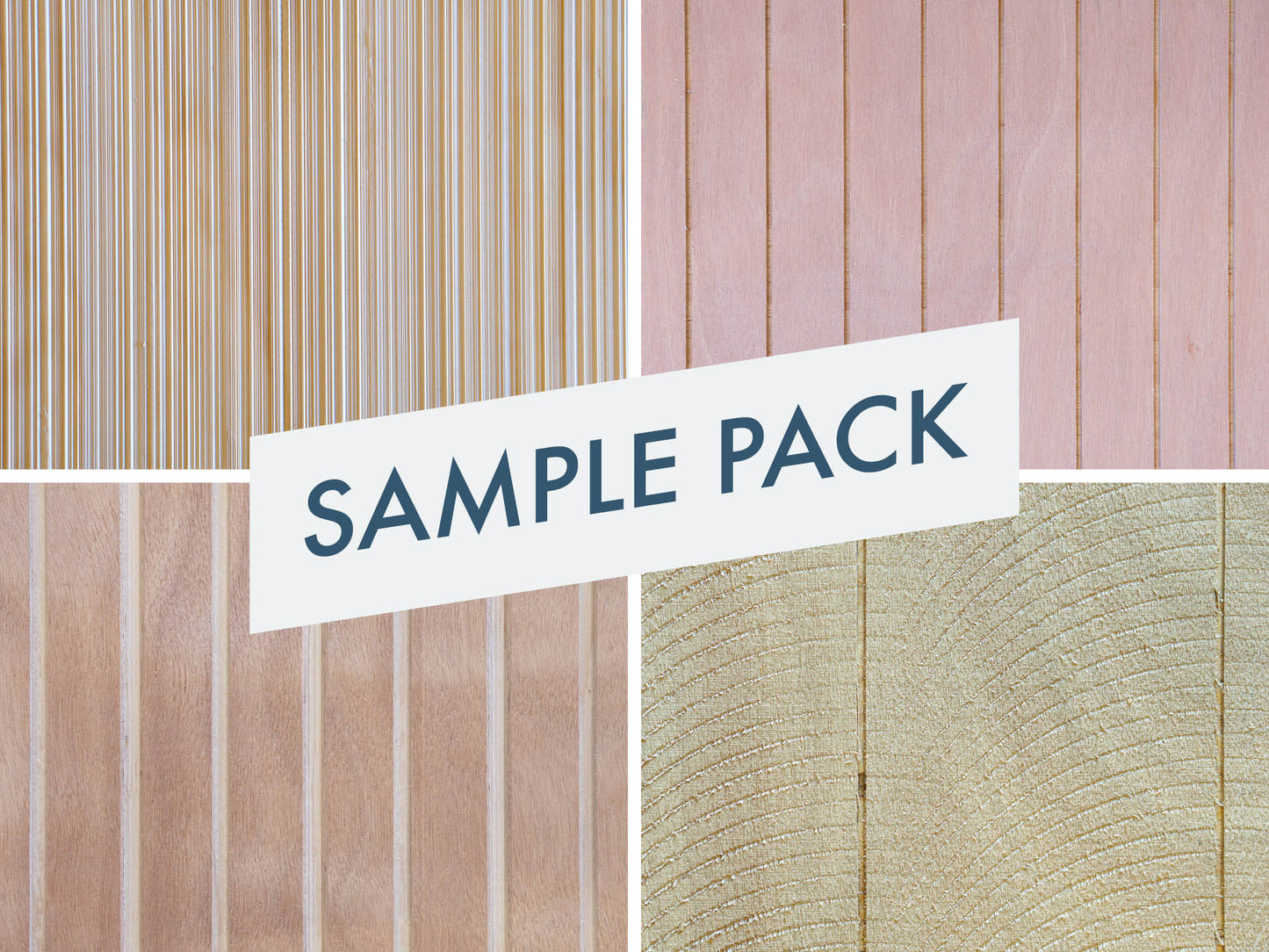 Grid of four photos featuring close up shots of the four patterns offered by Vintage Plywood Millworks with the text "Sample Pack" across the front