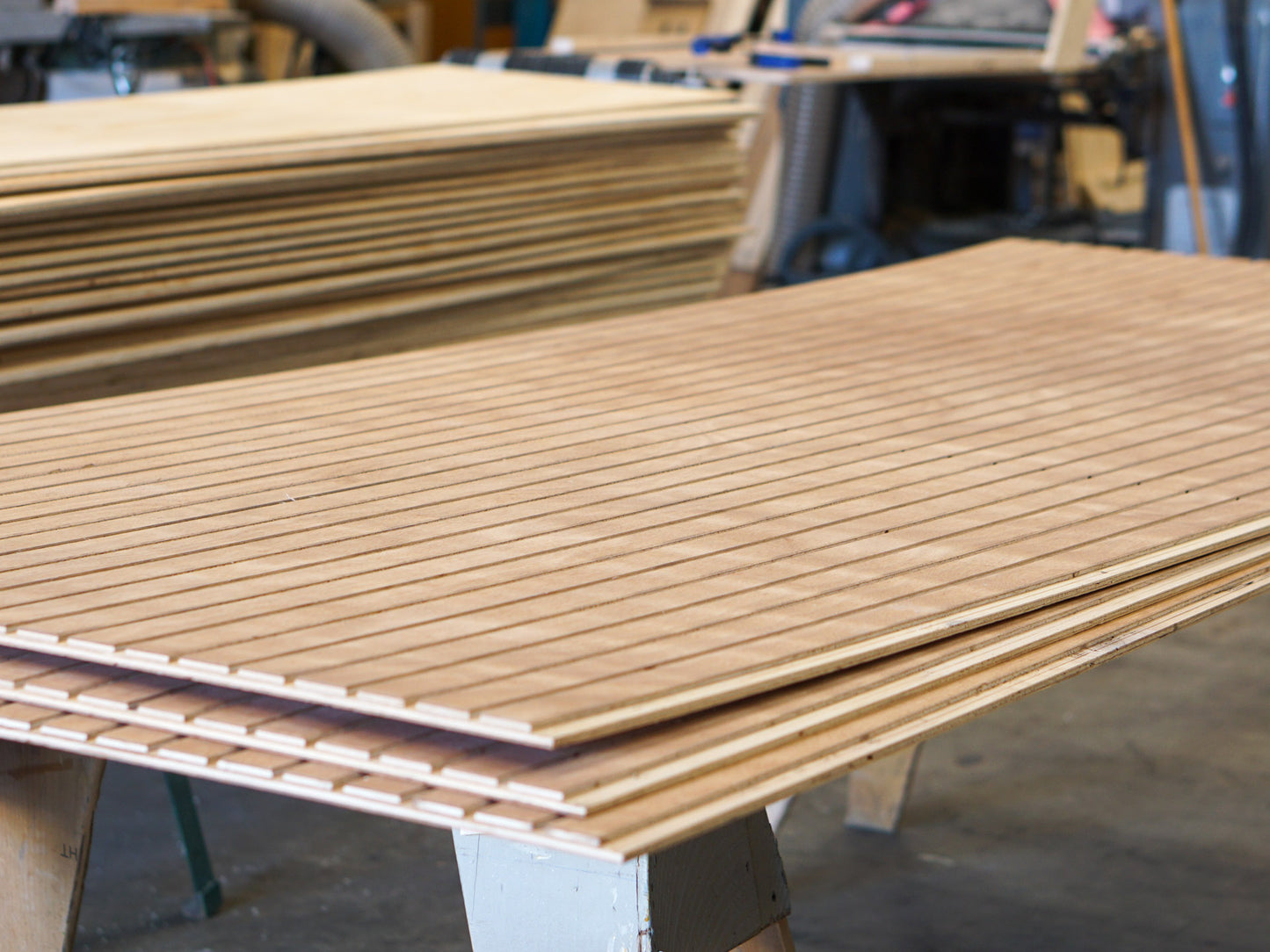 Stack of three sheets of Wideline patterned plywood consisting of a 3/8" groove, 2" on center, commonly used as siding and paneling on Eichler homes and other mid-century modern design