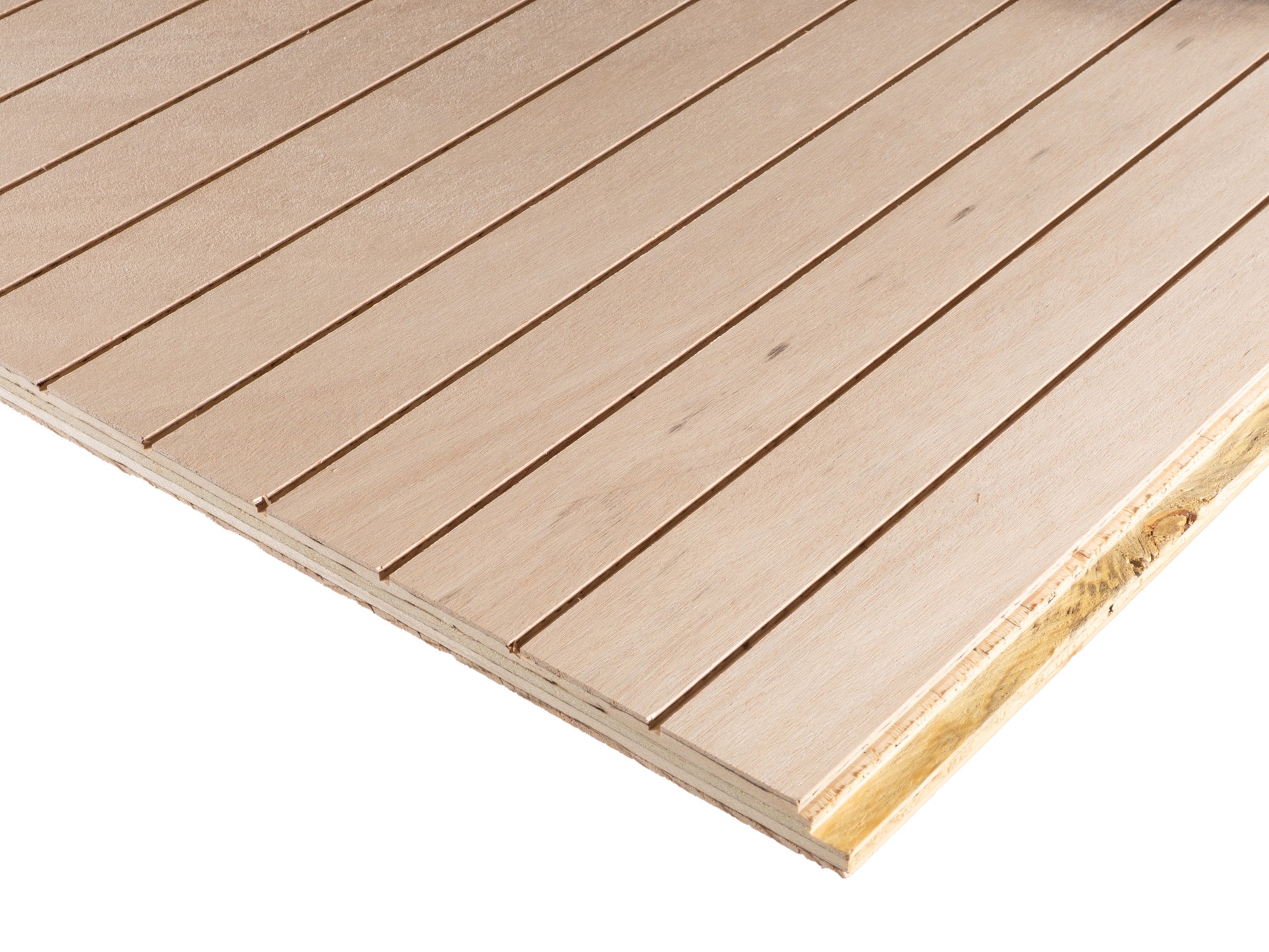 Closeup of three sheets of Thinline patterned plywood consisting of a 1/8” grooves, 1⅝” on center, commonly used as siding and paneling on Eichler homes and other mid-century modern design