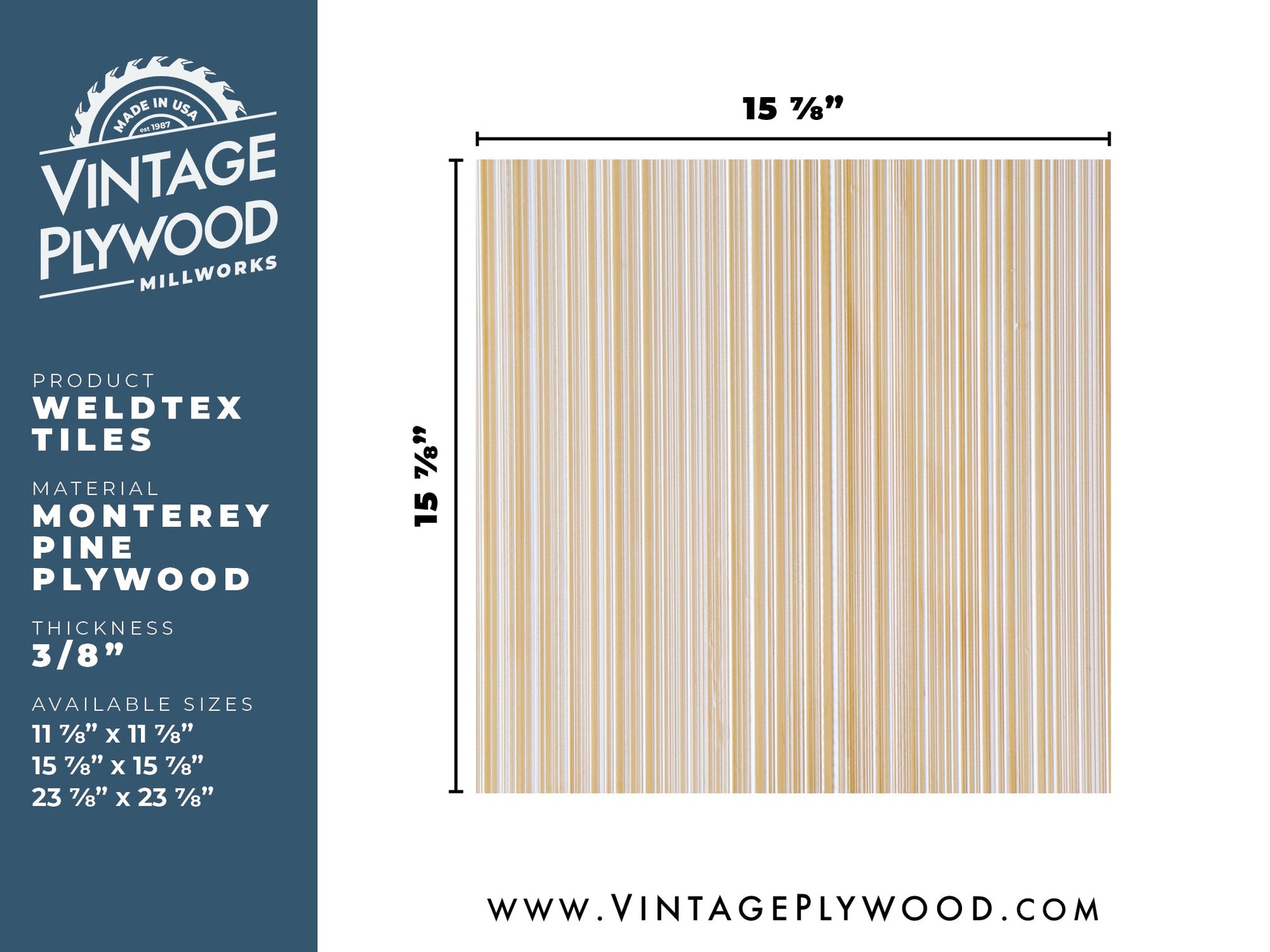 Spec sheet for Weldtex plywood tile consisting of a combed, striated, brushed wood appearance common in mid-century modern homes and design