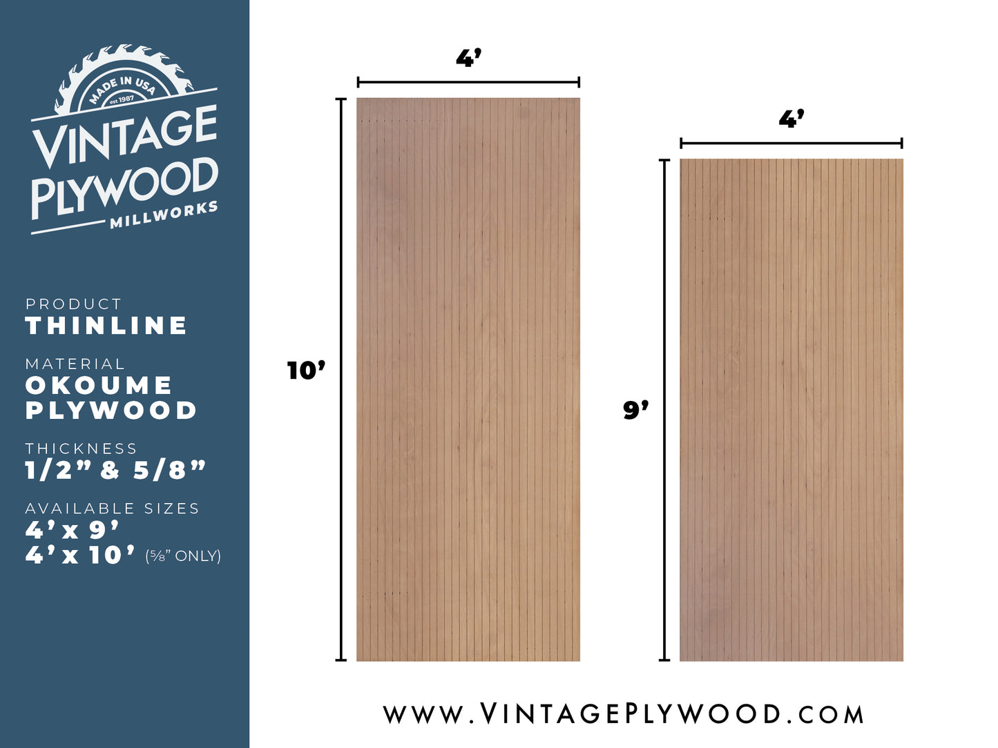 Spec sheet for Thinline patterned plywood consisting of a 1/8” grooves, 1⅝” on center, commonly used as siding and paneling on Eichler homes and other mid-century modern design