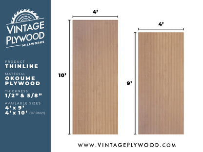 Spec sheet for Thinline patterned plywood consisting of a 1/8” grooves, 1⅝” on center, commonly used as siding and paneling on Eichler homes and other mid-century modern design