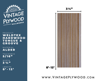 Spec sheet for Weldtex tongue & groove alder hardwood plank consisting of a combed, striated, brushed wood appearance common in mid-century modern homes and design