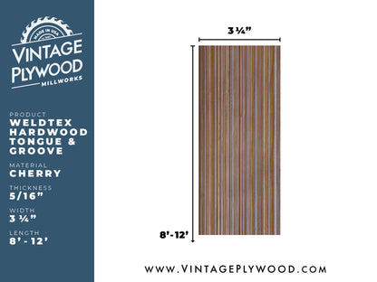 Spec sheet for Weldtex tongue & groove cherry hardwood plank consisting of a combed, striated, brushed wood appearance common in mid-century modern homes and design
