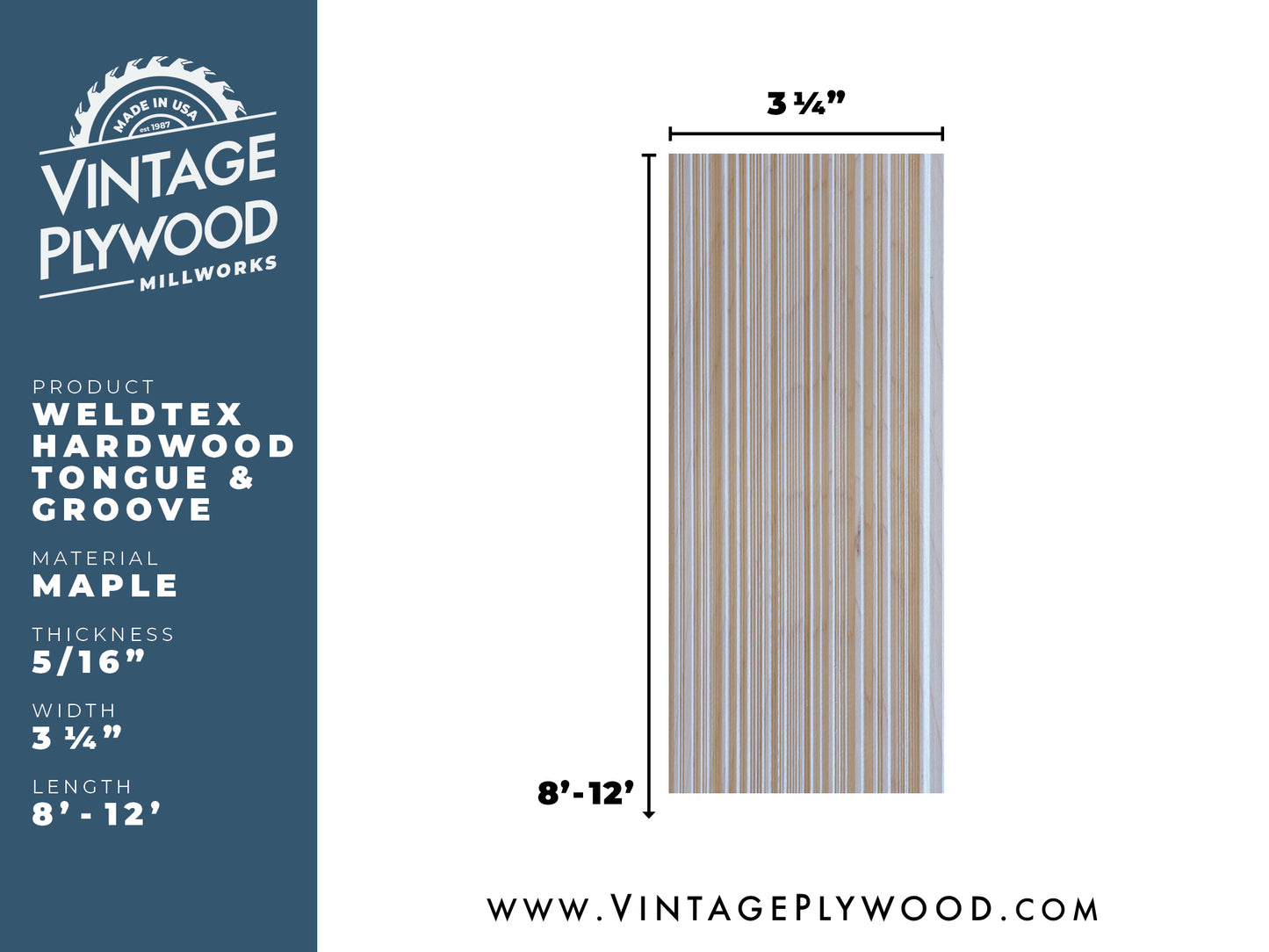 Spec sheet of Weldtex tongue & groove maple hardwood plank consisting of a combed, striated, brushed wood appearance common in mid-century modern homes and design