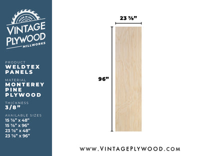 Spec sheet for Weldtex plywood panel consisting of a combed, striated, brushed wood appearance common in mid-century modern homes and design