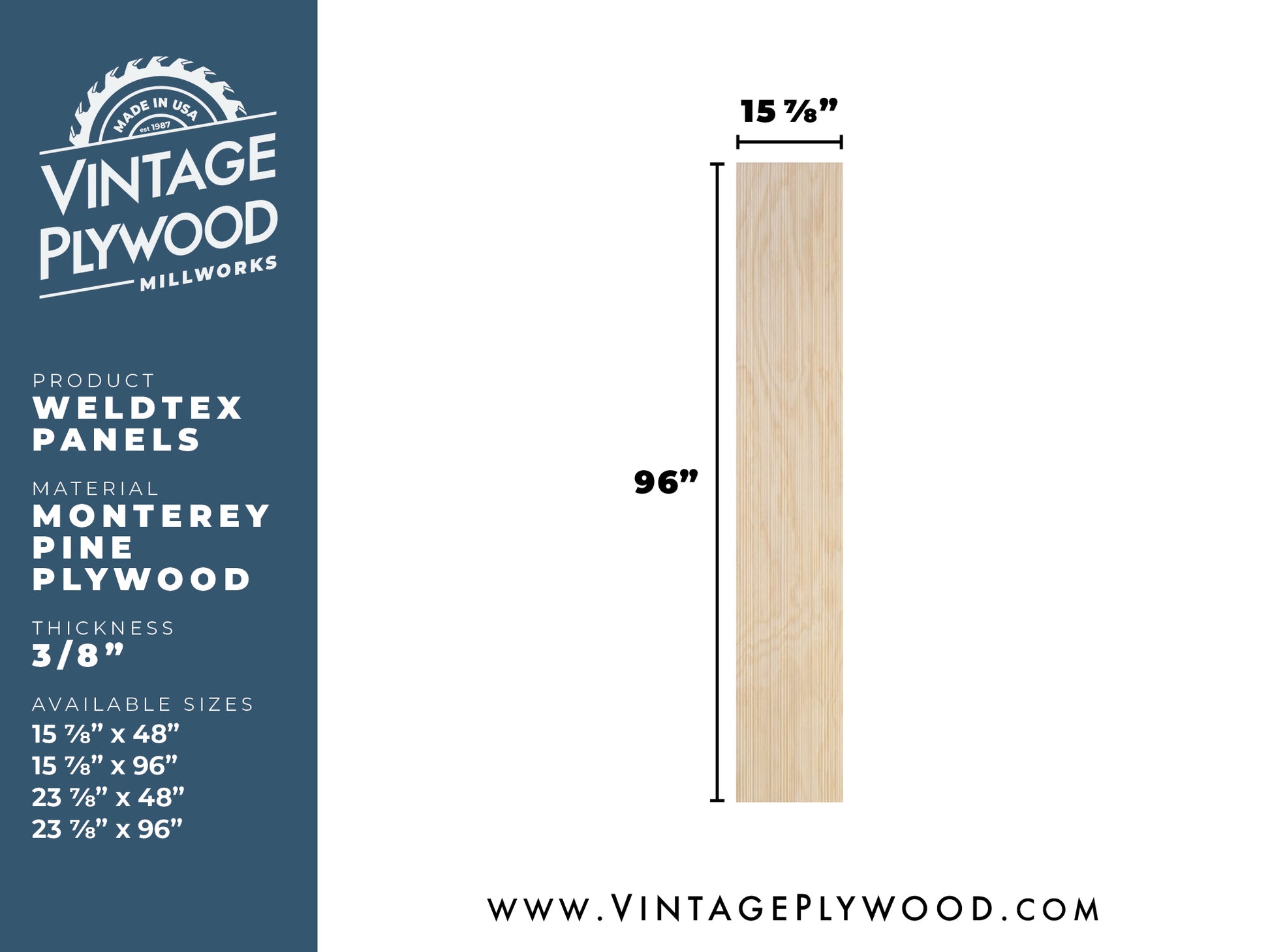 Spec sheet for Weldtex plywood panel consisting of a combed, striated, brushed wood appearance common in mid-century modern homes and design