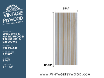 Spec sheet of Weldtex tongue & groove poplar hardwood plank consisting of a combed, striated, brushed wood appearance common in mid-century modern homes and design