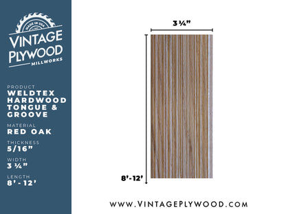 Spec sheet of Weldtex tongue & groove red oak hardwood plank consisting of a combed, striated, brushed wood appearance common in mid-century modern homes and design
