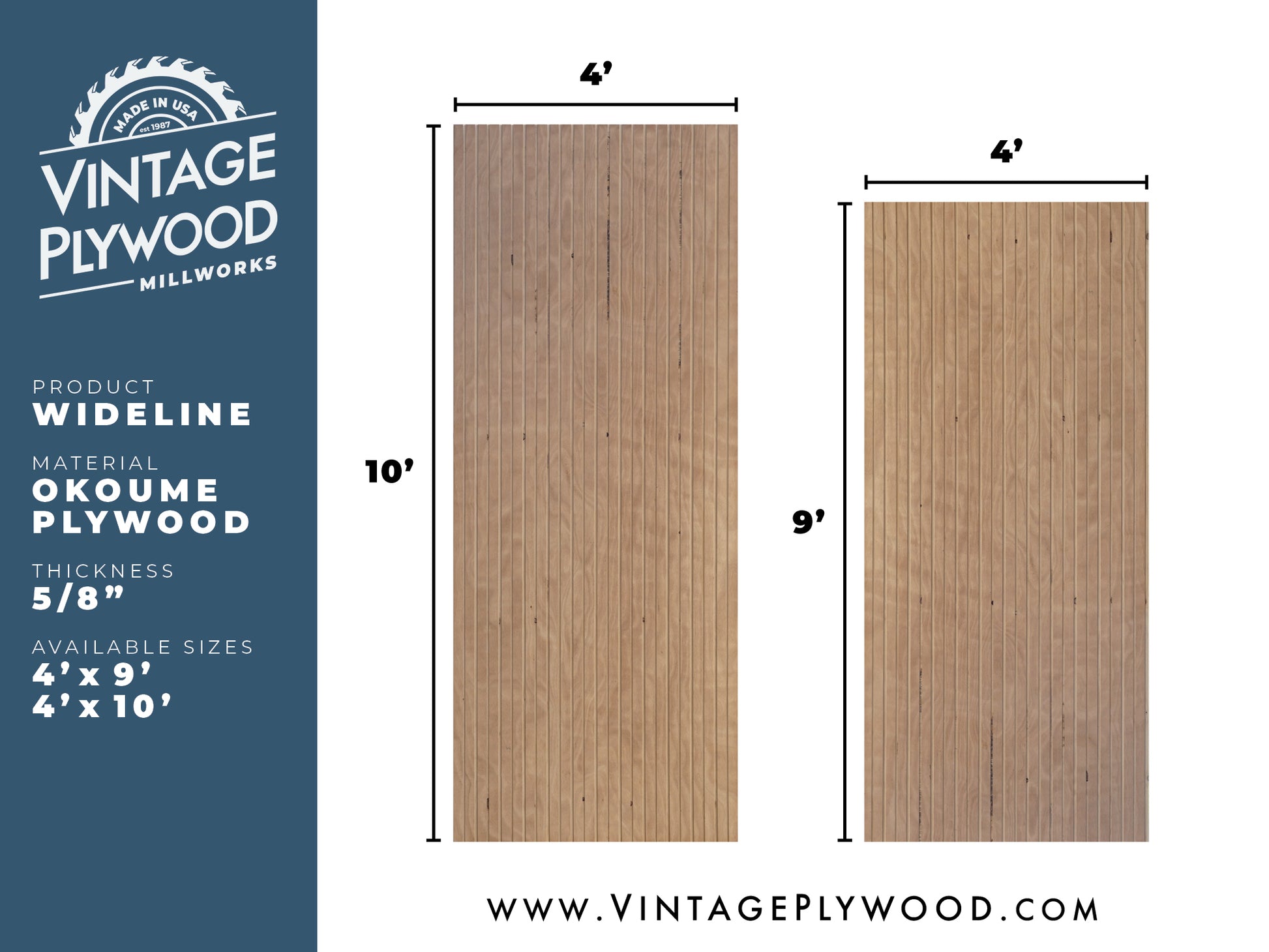 Spec sheet of Wideline patterned plywood consisting of a 3/8" groove, 2" on center, commonly used as siding and paneling on Eichler homes and other mid-century modern design