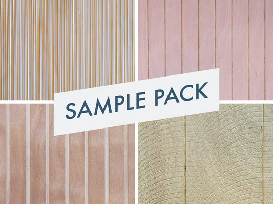 Grid of four photos featuring close up shots of the four patterns offered by Vintage Plywood Millworks with the text "Sample Pack" across the front