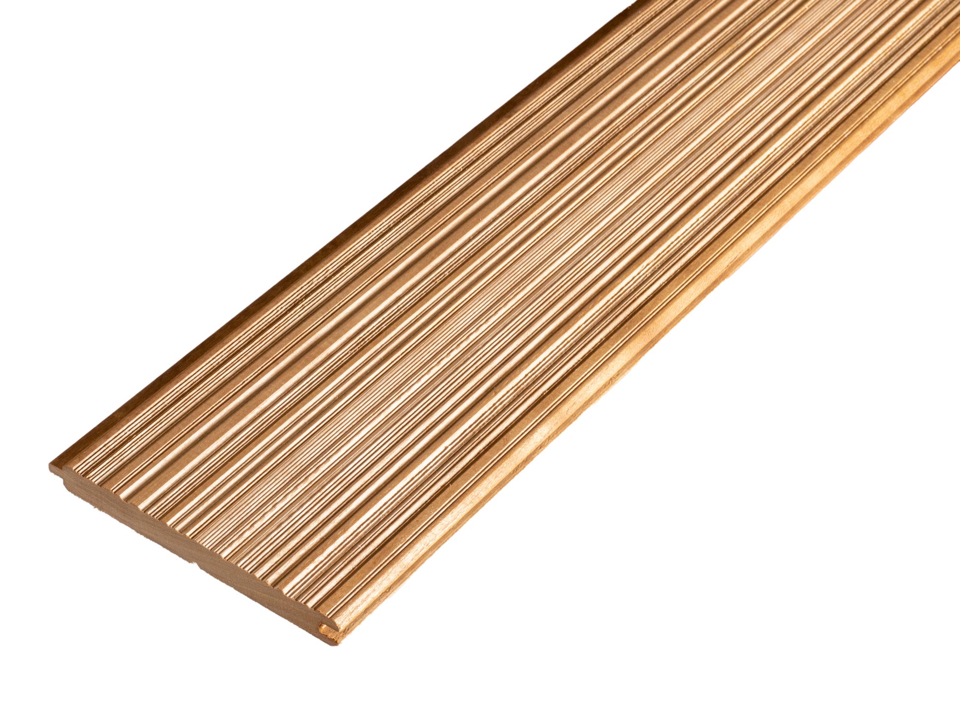 Close up of Weldtex tongue & groove cherry hardwood plank consisting of a combed, striated, brushed wood appearance common in mid-century modern homes and design